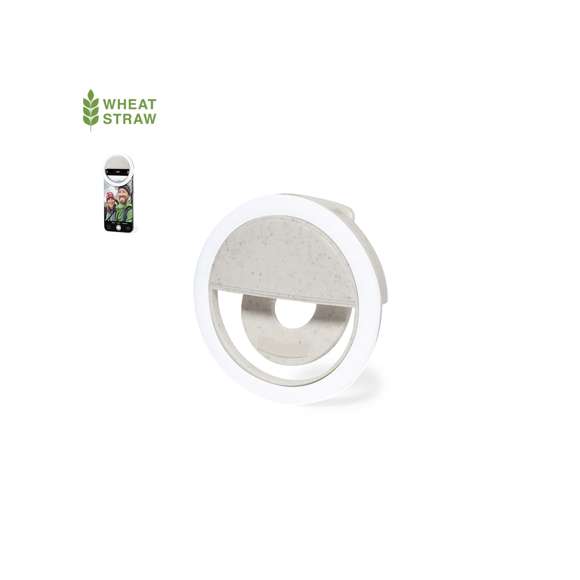 Anillo de luz LED para smartphone, fabricado en resistente caña de trigo. Ajustable a cualquier smartphone, con 36 LEDs y 3 niveles de intensidad de luz. Batería de 80 mAh y recargable por USB (cable Micro USB incluido). Presentado en atractiva caja de diseño, con manual de instrucciones disponible en español e inglés.La caña de trigo fomenta la utilización de materias primas naturales, reduciendo así las emisiones contaminantes.