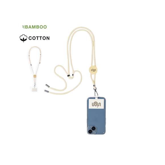 Original lanyard con accesorio para smartphone. Fabricado en resistente algodón, con accesorio de bambú para marcaje. Accesorio de transporte para situar entre la funda y el smartphone y mosquetón giratorio metálico. Ajustadores en cuello, con accesorios cromados en los extremos de los cordones de ajuste.Materiales como el bambú fomentan la utilización de materias primas naturales, reduciendo las emisiones contaminantes. Proviene de una planta de gran resistencia y versatilidad, con crecimiento y regeneración rápidos, siendo una excelente alternativa al uso de madera tradicional.