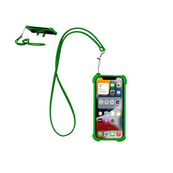 Práctico lanyard fabricado en resistente silicona. Incluye un accesorio para el móvil a juego, reforzado en las esquinas y con un soporte desplegable en la parte posterior. Con mosquetón metálico giratorio y disponible en variada gama de colores.