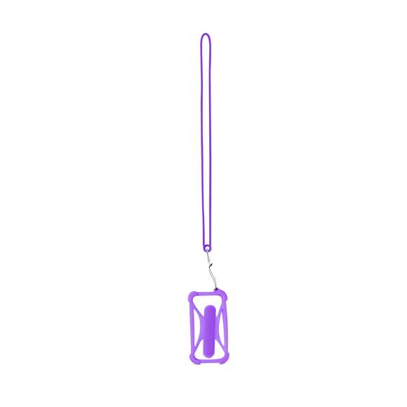 Práctico lanyard fabricado en resistente silicona. Incluye un accesorio para el móvil a juego, reforzado en las esquinas y con un soporte desplegable en la parte posterior. Con mosquetón metálico giratorio y disponible en variada gama de colores.