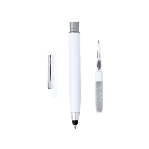 Práctico bolígrafo puntero de mecanismo giratorio, con accesorios de limpieza alojados en la parte superior de la caña. Incluye un cepillo y una punta metálica protegidos por una capucha. Con clip metálico y en tinta azul. Disponible en varios colores y presentado individualmente en caja de diseño kraft.