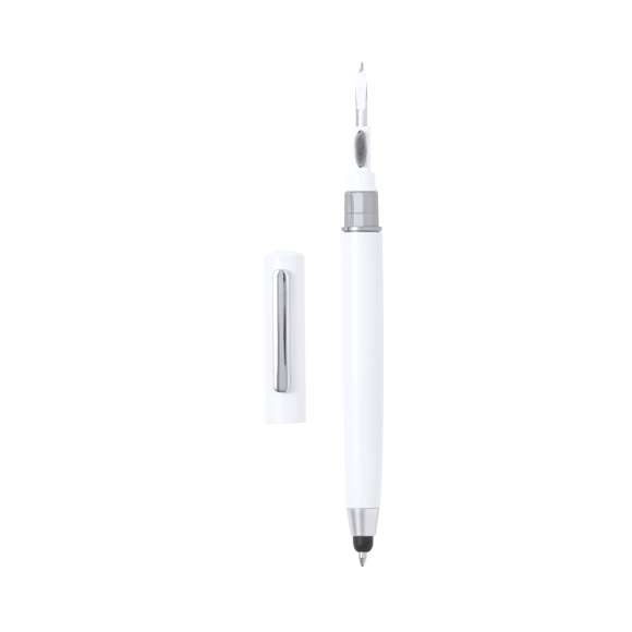 Práctico bolígrafo puntero de mecanismo giratorio, con accesorios de limpieza alojados en la parte superior de la caña. Incluye un cepillo y una punta metálica protegidos por una capucha. Con clip metálico y en tinta azul. Disponible en varios colores y presentado individualmente en caja de diseño kraft.