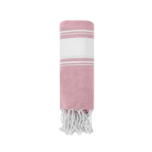 Suave pareo de toalla de 180g/m2 en combinación de algodón y poliéster. Disponible en variada gama de colores en tono bicolor. Presentado individualmente en bolsa.