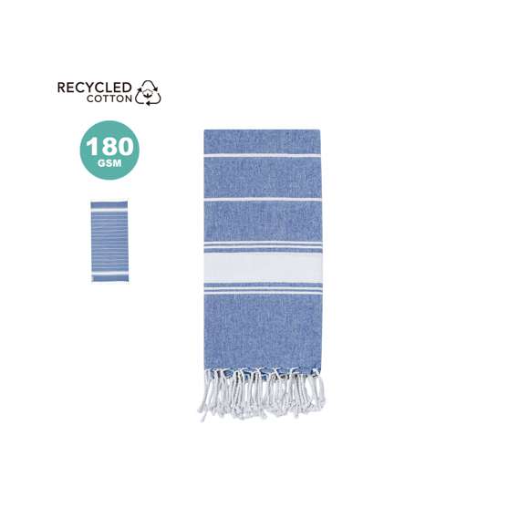 Suave pareo toalla en 100% algodón reciclado de 180g/m2. Disponible en variada gama de colores en tono bicolor. Logotipo en etiqueta lateral. Presentado individualmente en bolsa.