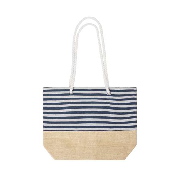 Bolsa fabricada en resistente algodón de 450g/m2 y base de yute. De acabado cosido, cierre de cremallera, con distinguido diseño a rayas blancas y azules. Asas largas hechas en algodón de color blanco en forma de cuerda reforzadas con argollas. Resistencia hasta 13kg de peso.