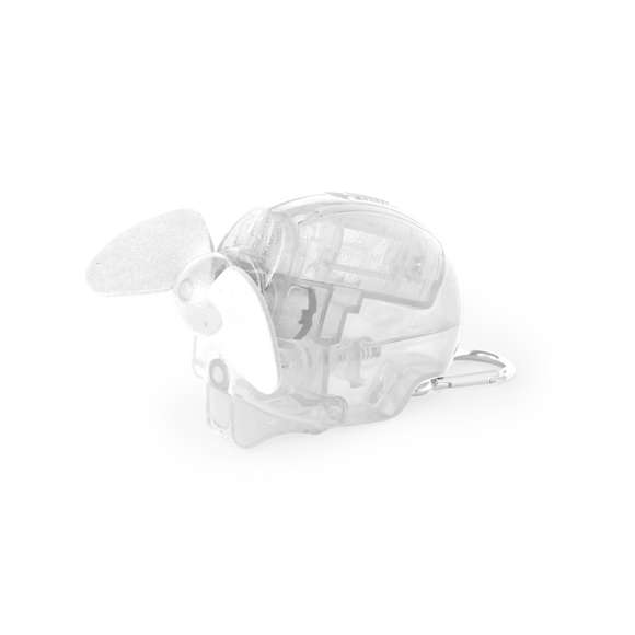 Ventilador vaporizador de 35 ml de capacidad. Presento con cuerpo translúcido y aspas de EVA. Se alimenta con 1 pilas AA (no incluidas). Disponible en colores variados, con un práctico mosquetón a juego. Presentado individualmente en caja.
