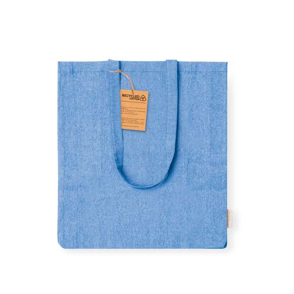 Bolsa en material 100% algodón reciclado de 140 g/m2. Asas largas de 70cm con refuerzo, de acabado cosido y fuelle. Logotipo en etiqueta lateral y resistencia hasta 8 kg de peso. Disponible en variada gama de colores nature.