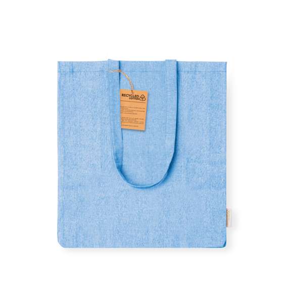 Bolsa en material 100% algodón reciclado de 140 g/m2. Asas largas de 70cm con refuerzo, de acabado cosido y fuelle. Logotipo en etiqueta lateral y resistencia hasta 8 kg de peso. Disponible en variada gama de colores nature.