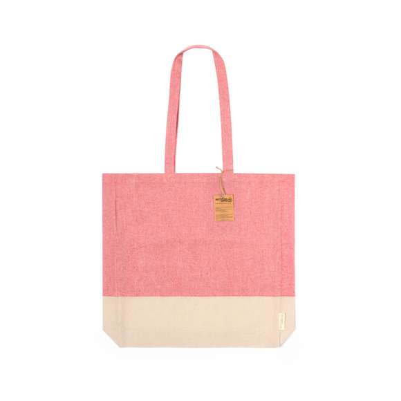 Bolsa en material 100% algodón reciclado de 120 g/m2. Asas largas de 70cm con refuerzo, de acabado cosido y fuelle. Logotipo en etiqueta lateral y resistencia hasta 8 kg de peso. Disponible en variada gama de colores nature con base de color natural.