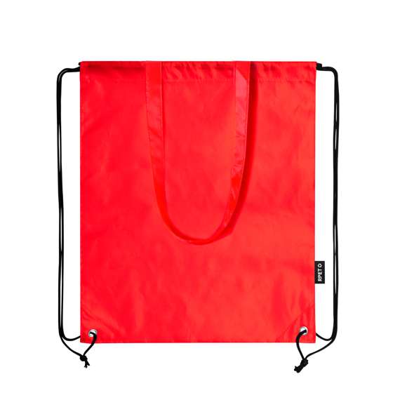 Bolsa mochila de cuerdas en resistente RPET 210T, con asas de transporte de 70 cm a juego. Las cuerdas cuentan con argollas metálicas reforzadas y logotipo RPET reciclado en etiqueta lateral. Disponible en una variada gama de colores. El material RPET se elabora a partir de plástico reciclado, para así fomentar la reutilización de residuos plásticos y ayudar a la sostenibilidad del planeta.