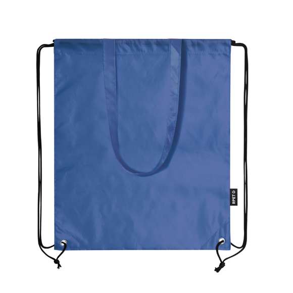 Bolsa mochila de cuerdas en resistente RPET 210T, con asas de transporte de 70 cm a juego. Las cuerdas cuentan con argollas metálicas reforzadas y logotipo RPET reciclado en etiqueta lateral. Disponible en una variada gama de colores. El material RPET se elabora a partir de plástico reciclado, para así fomentar la reutilización de residuos plásticos y ayudar a la sostenibilidad del planeta.