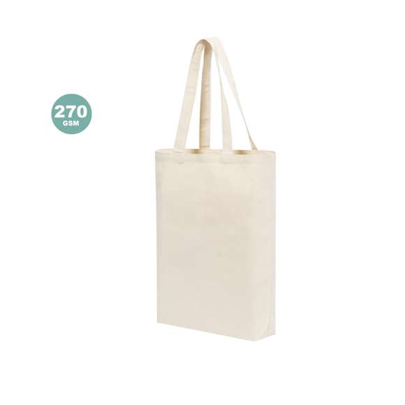 Bolsa de canvas de 270g/m2. En color natural, con resistente acabado cosido y asas reforzadas de 70cm de largas. Resistencia hasta 10 kg de peso con fuelle.