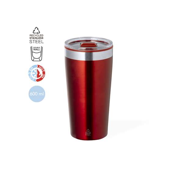 Vaso térmico fabricado en acero inox reciclado, con doble pared y 600 ml de capacidad. Incluye tapa con dosificador y abrefácil. Es ideal para tener en tu escritorio, mesa o en cualquier superficie donde disfrutar tranquilamente de tu bebida favorita. Con logotipo Acero Inox Reciclado. El acero es uno de los materiales más demandados y que puede encontrarse casi en todas partes, desde productos de uso diario a grandes construcciones. Con innumerables propiedades, entre las que cabe destacar la durabilidad y su alto grado de reutilización, convirtiéndolo en una alternativa muy valorada en soluciones de sostenibilidad. Debidamente tratado, permite obtener nuevos recursos de infinita utilización.