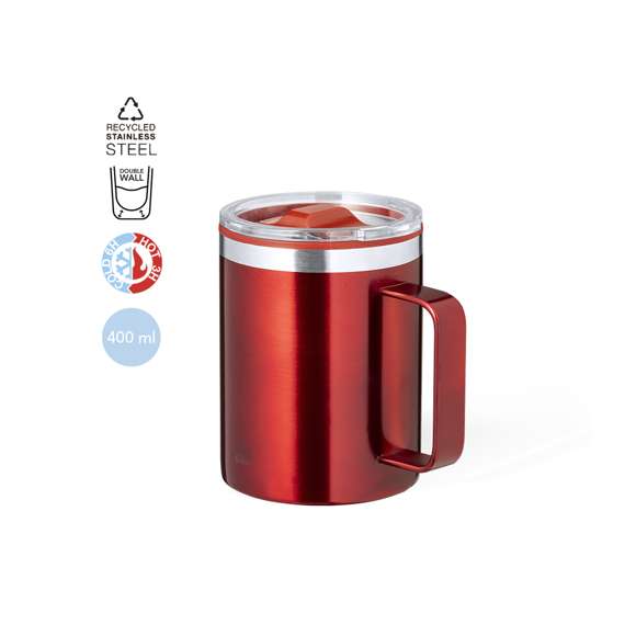 Taza térmica de sobremesa fabricada en acero inox reciclado, con doble pared y aislamiento de 400 ml. Incluye tapa con dosificador y abrefácil. Disponible en variada gama de colores metalizados. Con logotipo Acero Inox Reciclado. Presentada en atractiva caja de diseño kraft.El acero es uno de los materiales más demandados y que puede encontrarse casi en todas partes, desde productos de uso diario a grandes construcciones. Con innumerables propiedades, entre las que cabe destacar la durabilidad y su alto grado de reutilización, convirtiéndolo en una alternativa muy valorada en soluciones de sostenibilidad. Debidamente tratado, permite obtener nuevos recursos de infinita utilización.