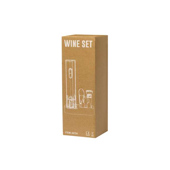 Práctico set de vinos con 4 accesorios. Contiene un sacacorchos eléctrico alimentado por 4 pilas AAA (no incluidas), decantador, tapón para botellas y cortacápsulas, con mecanismo a presión. Incluye, una elegante base negra para tener los accesorios ordenados. Presentado en caja de diseño kraft.