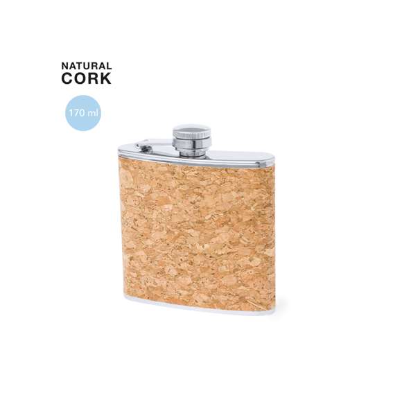 Petaca de línea nature y 170 ml de capacidad. Exterior en corcho natural, con cuerpo de acero inox y tapón de seguridad a rosca. De diseño ergonómico para guardar cómodamente en el bolsillo. Presentada en caja individual de diseño eco en cartón kraft.