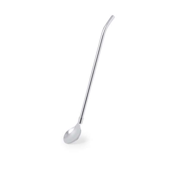 Práctico agitador con pajita en acero inox. Con diseño elegante y funcional, este accesorio es esencial para bebidas frías o calientes. Pajita integrada que permite absorber con facilidad y en el extremo inferior una práctica cucharilla. Presentado en una bolsa individual.