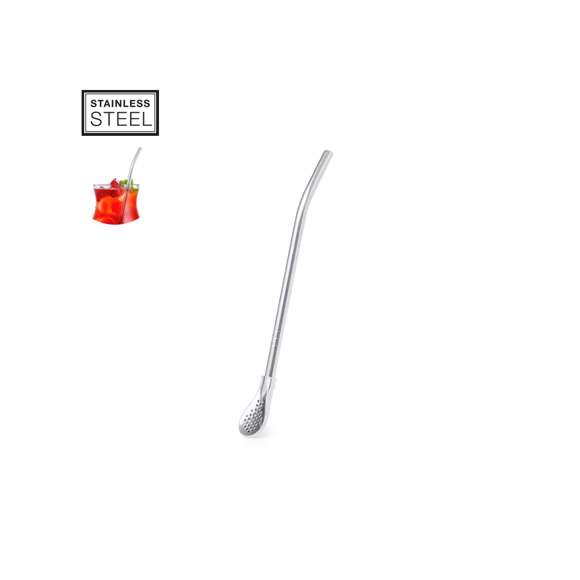 Práctico agitador con pajita en acero inox. Con diseño elegante y funcional, este accesorio es esencial para bebidas frías o calientes. Pajita integrada que permite absorber con facilidad y en el extremo inferior una práctica cucharilla con filtro. Presentado en una bolsa individual.