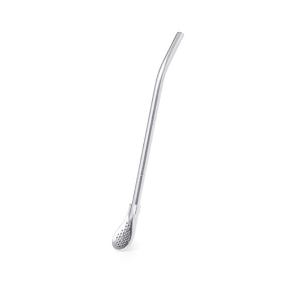 Práctico agitador con pajita en acero inox. Con diseño elegante y funcional, este accesorio es esencial para bebidas frías o calientes. Pajita integrada que permite absorber con facilidad y en el extremo inferior una práctica cucharilla con filtro. Presentado en una bolsa individual.