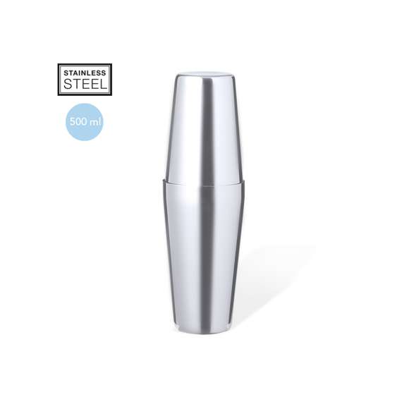 Coctelera de 500 ml fabricada en acero inox. Fabulosa coctelera compuesta de dos vasos en acero inox que encajan entre sí para un perfecto sellado, para preparar bebidas refrescantes. Presentada en caja de diseño kraft.