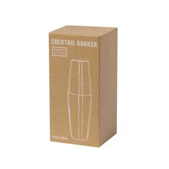 Coctelera de 500 ml fabricada en acero inox. Fabulosa coctelera compuesta de dos vasos en acero inox que encajan entre sí para un perfecto sellado, para preparar bebidas refrescantes. Presentada en caja de diseño kraft.