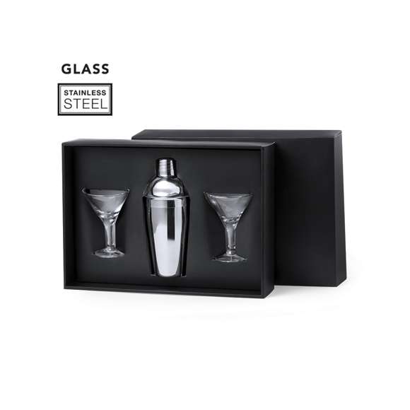 Elegante set de coctel. Conjunto de coctelera en acero inox de 550 ml para preparar las mejores mezclas de bebidas. Además, contiene 2 copas de cristal de 150 ml cada una y de elegante diseño triangular, para una presentación exquisita. Presentado en caja negra.