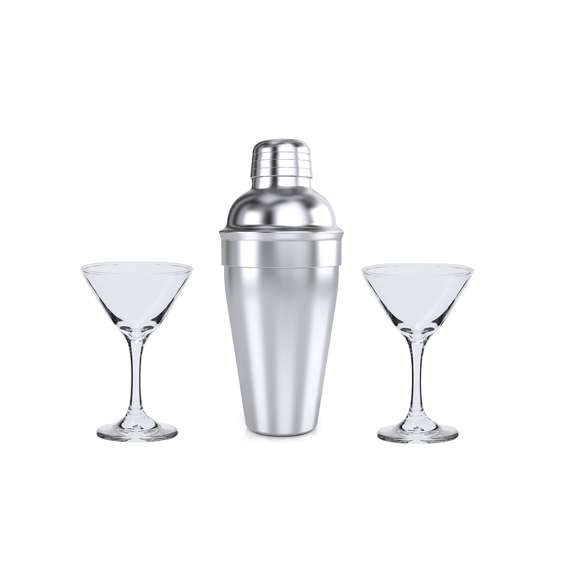 Elegante set de coctel. Conjunto de coctelera en acero inox de 550 ml para preparar las mejores mezclas de bebidas. Además, contiene 2 copas de cristal de 150 ml cada una y de elegante diseño triangular, para una presentación exquisita. Presentado en caja negra.