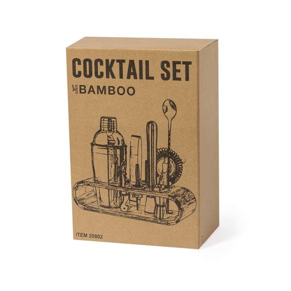 Elegante set de cóctel en acero inox. Completo set que combina conceptos modernos a la par que tradicionales. Incluye todos los utensilios esenciales para configurar los mejores cócteles. Con original base de bambú para guardar y exponer todos los utensilios. Presentado en distinguida caja de diseño kraft.Accesorios incluidos:- 1 coctelera- 1 mortero- 1 vaso medidor de 15/30 ml- 1 pinza para hielo- 1 filtro- 1 abridor/sacacorchos- 1 cucharilla mezcladora- 2 tapones dosificadores