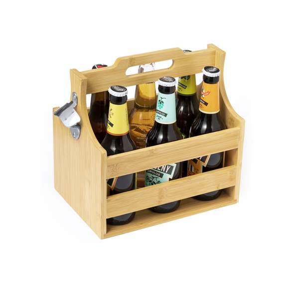 Práctico soporte para botellas hecho en bambú. Original caja de transporte de bebidas con asa troquelada en la parte superior y un abridor de botellas metálico en un lateral, con capacidad para 6 botellines. Presentado en caja de diseño kraft.