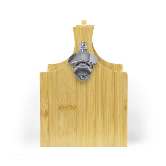 Práctico soporte para botellas hecho en bambú. Original caja de transporte de bebidas con asa troquelada en la parte superior y un abridor de botellas metálico en un lateral, con capacidad para 6 botellines. Presentado en caja de diseño kraft.