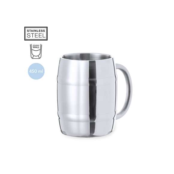 Jarra de acero inox en elegante acabado metálico para los más cerveceros. De 450 ml de capacidad, con cómoda asa y fantástico diseño en forma de barril. Presentada en una caja de diseño kraft.