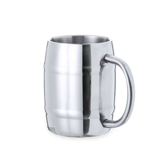 Jarra de acero inox en elegante acabado metálico para los más cerveceros. De 450 ml de capacidad, con cómoda asa y fantástico diseño en forma de barril. Presentada en una caja de diseño kraft.
