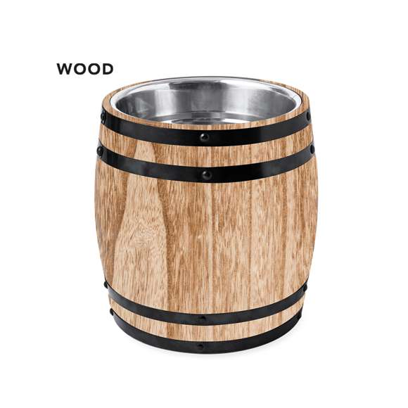 Original cubo de acero con exterior de madera. Forma de barril para conservar bebidas frías o hielos gracias a su doble pared de acero inox con 3L de capacidad. Presentado individualmente en caja de diseño kraft.