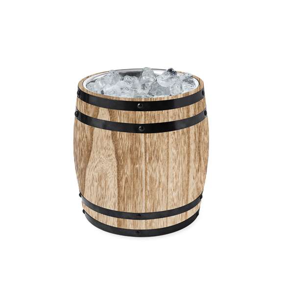 Original cubo de acero con exterior de madera. Forma de barril para conservar bebidas frías o hielos gracias a su doble pared de acero inox con 3L de capacidad. Presentado individualmente en caja de diseño kraft.