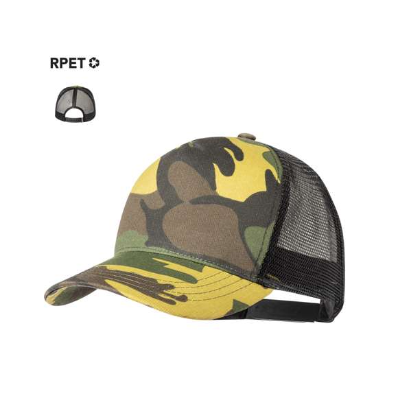 Gorra de 5 paneles en poliéster RPET con rejilla y cierre ajustable de plástico con diseño de camuflaje o verde militar. Etiqueta distintiva de RPET. El material RPET se elabora a partir de plástico reciclado, para así fomentar la reutilización de residuos plásticos y ayudar a la sostenibilidad del planeta.