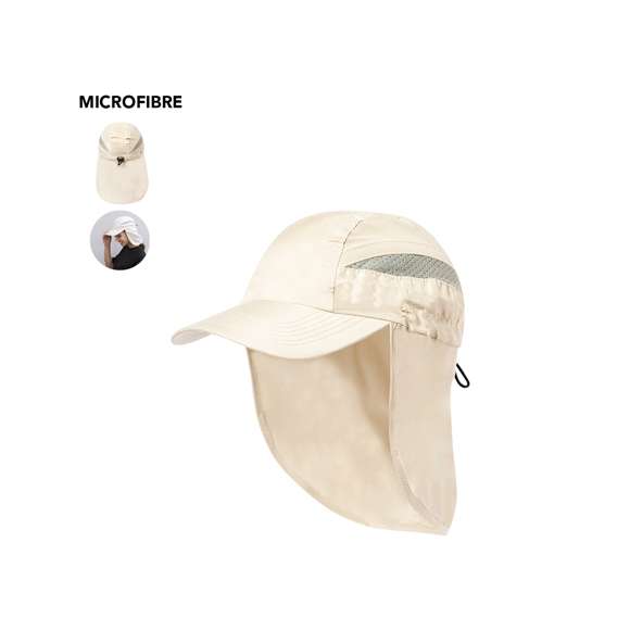 Gorra deportiva en suave microfibra de diseño bicolor en vivos colores. Cierre elástico con accesorio de ajuste y paneles de redecilla para el sudor. Además, con solapa para proteger del sol el cuello.