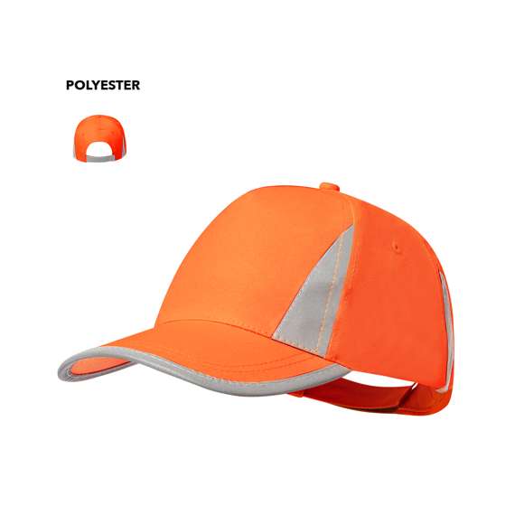 Gorra de 5 paneles en suave poliéster. Cierre de velcro reflectante ajustable en la parte trasera. En color amarillo flúor o naranja con detalles reflectantes en visera, parte frontal y trasera.