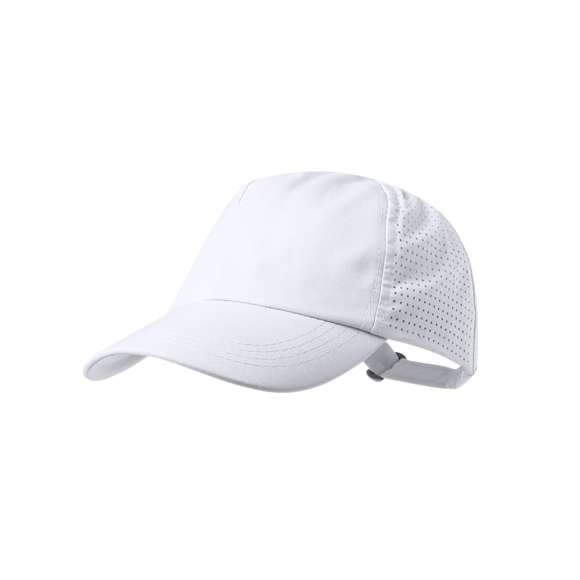 Gorra deportiva de 5 paneles fabricada en suave y resistente microfibra. Con redecilla transpirable a juego en paneles laterales, y cierre de hebilla ajustable.