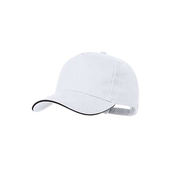 Gorra de 5 paneles en material 100% algodón peinado de 250g/m2. En variada gama de vivos colores, con sandwich en color y acolchado en visera. Orificios de ventilación bordados y cierre ajustable de hebilla.