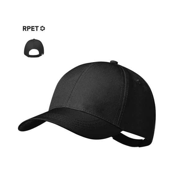 Gorra de 6 paneles en poliéster RPET. Ajustable por el cierre de velcro y disponible en variada gama de colores. Etiqueta distintiva de RPET. El material RPET se elabora a partir de plástico reciclado, para así fomentar la reutilización de residuos plásticos y ayudar a la sostenibilidad del planeta.