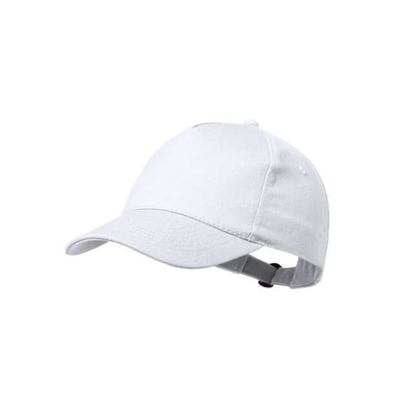 Gorra de 5 paneles en 100% algodón reciclado de suave acabado. Con cierre ajustable de hebilla y orificios de ventilación bordados. Disponible en variada gama de colores, con logotipo en etiqueta.