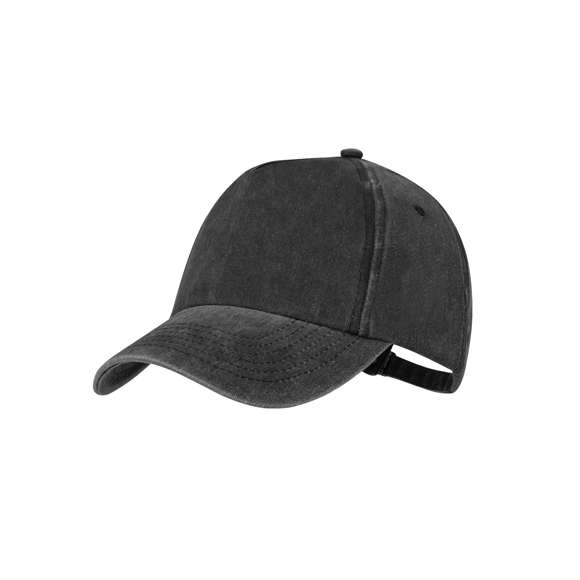 Gorra de 5 paneles de acabado efecto lavado. Fabricada en suave algodón 100%, con orificios de ventilación bordados. Con cierre trasero ajustable de hebilla metálica y disponible en variada gama de colores naturales.