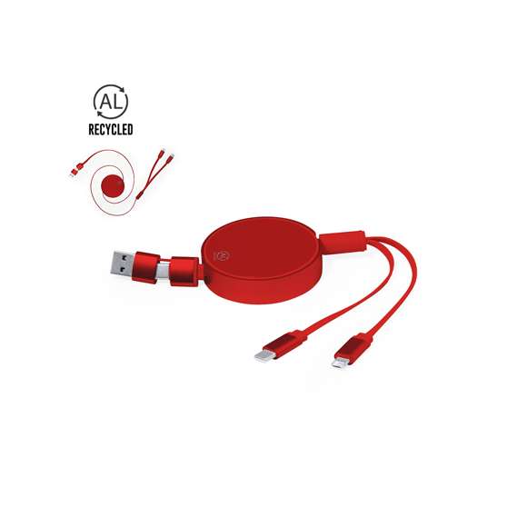 Cable cargador y sincronizador extensible, apto para transferencia de datos y fabricado en Aluminio Reciclado de acabado metalizado. Carcasa central con amplia superficie de marcaje, especialmente diseñada para grabado en láser. Disponible en variada gama de colores, con cables a juego. Conexiones de entrada Tipo C y USB, con salidas Lightning, Micro USB y Tipo C. 5V DC 2.4A. Presentado en bolsa individual de diseño kraft.El Aluminio Reciclado es un material con posibilidades de reciclaje casi infinitas, sin perder sus propiedades originales y consumiendo menos energía en este proceso.Certificación GRS (Global Recycled Standard / Estándar de Reciclaje Global), que garantiza el origen reciclado del material usado para fabricar el producto.