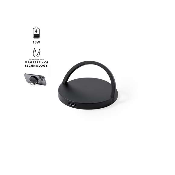 Cargador inalámbrico magnético 15W, fabricado en resistente aluminio. Con soporte regulable incluido e indicador de estado de carga. Compatible con terminales equipados con tecnología de carga inalámbrica e incluye cable de carga USB de 1m, con conector de aluminio. Amplia superficie de marcaje y presentado en atractiva caja de diseño. Disponible manual de instrucciones en español e inglés.Fabricado conforme a los estándares RoHS y en cumplimiento con los siguientes requisitos de seguridad: Sistema de protección contra sobrecalentamiento. Sistema de protección contra sobrecarga. Sistema de bloqueo para evitar cortocircuitos.