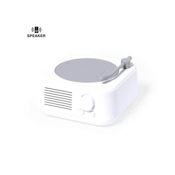 Altavoz Bluetooth en original forma de tocadiscos, de tamaño compacto y 5W de potencia. Batería de litio de 800mAh, con cable de carga Tipo C incluido e indicador luminoso de estado de carga. Función manos libres y radio FM, con ranura para tarjetas micro SD de hasta 32 GB de capacidad y una entrada auxiliar para conector jack de 3,5 mm. Fabricado en resistente ABS blanco con detalles en gris y presentado en caja individual de diseño kraft, con manual de instrucciones en español e inglés.