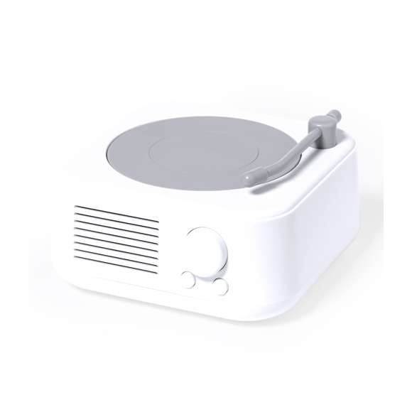 Altavoz Bluetooth en original forma de tocadiscos, de tamaño compacto y 5W de potencia. Batería de litio de 800mAh, con cable de carga Tipo C incluido e indicador luminoso de estado de carga. Función manos libres y radio FM, con ranura para tarjetas micro SD de hasta 32 GB de capacidad y una entrada auxiliar para conector jack de 3,5 mm. Fabricado en resistente ABS blanco con detalles en gris y presentado en caja individual de diseño kraft, con manual de instrucciones en español e inglés.
