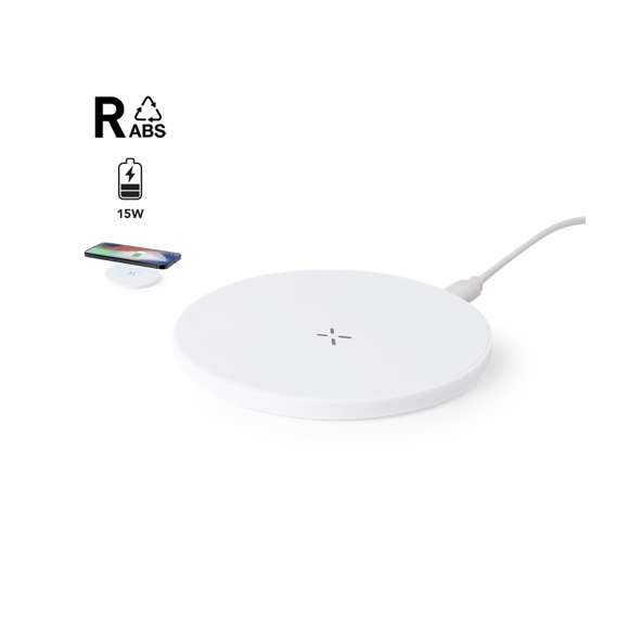 Cargador inalámbrico 15W de diseño circular fabricado en RABS. Compatible con dispositivos equipados con tecnología de carga inalámbrica Qi. Base antideslizante, con cable cargador Tipo C incluido. Presentado en caja individual de diseño kraft, con manual de instrucciones en español e inglés.El RABS es un plástico altamente reciclable de gran resistencia y con multitud de aplicaciones que lo convierten en una solución eco-friendly. Con certificación RCS, que garantiza el origen reciclado del mismo.Fabricado conforme a los estándares RoHS y en cumplimiento con los siguientes requisitos de seguridad:Sistema de protección contra sobrecalentamiento.Sistema de protección contra sobrecarga.Sistema de bloqueo para evitar cortocircuitos.