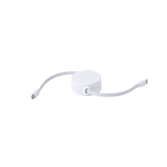Cable cargador y sincronizador extensible, válido para cargar dispositivos y transferir datos. Fabricado en resistente RABS de color blanco. Pieza central con amplia zona de marcaje y mecanismo interior extensible. Incluidas conexiones de entrada y salida Tipo C. Presentado en bolsa individual de diseño kraft.El RABS es un plástico altamente reciclable de gran resistencia y con multitud de aplicaciones que lo convierten en una solución eco-friendly. Con certificación RCS, que garantiza el origen reciclado del mismo.
