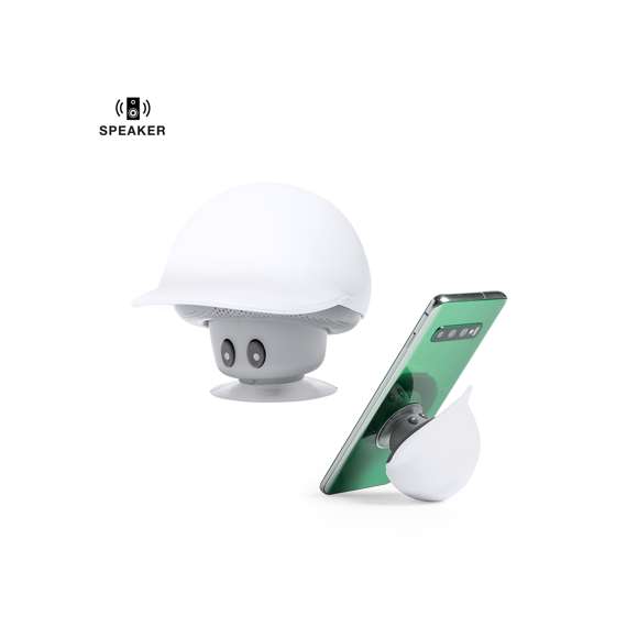 Altavoz de original diseño seta con gorra y función soporte para móvil. Conectividad Bluetooth 5.0, con 3W de potencia y función manos libres. Cuerpo con suave acabado de tacto goma y ventosa de fijación para función soporte. Cable Micro USB incluido y presentado en atractiva caja de diseño kraft. Disponible manual de instrucciones en español e inglés.