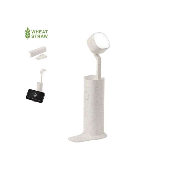 Lámpara multifunción fabricada en caña de trigo. Incluye 12 LEDs de intensidad regulable, es plegable y ajustable en altura. Incluye soporte para dispositivos móviles y tiene base antideslizante, con cable cargador Micro USB incluido. Disponible manual de instrucciones en español e inglés y presentada en caja de diseño kraft.La caña de trigo fomenta la utilización de materias primas naturales, reduciendo así las emisiones contaminantes.Fabricada conforme a los estándares RoHS y en cumplimiento con los siguientes requisitos de seguridad:Sistema de protección contra sobrecalentamiento.Sistema de protección contra sobrecarga.Sistema de bloqueo para evitar cortocircuitos.